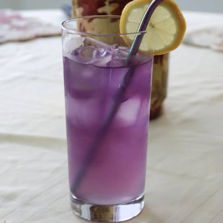 Butterfly pea flower lemonade in a clear glass garnished with a lemon wheel.